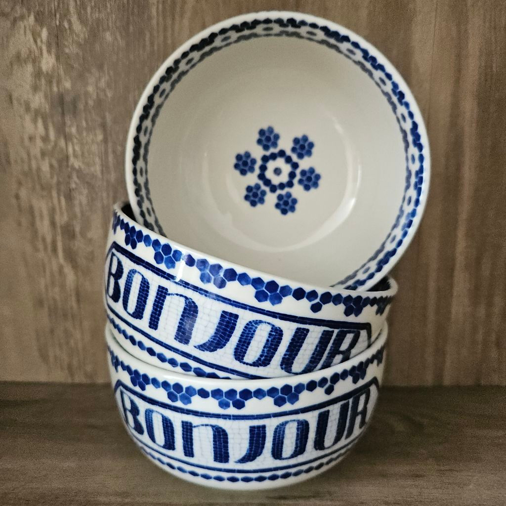 Anthropologie Bonjour Good Morning Bowls Set of 3 White Blue Green Footed